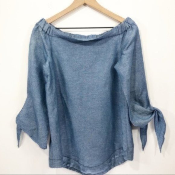 Free People Off Shoulder Chambray Oversized Top Boho Slouchy Lightweight Size XS - Picture 3 of 8